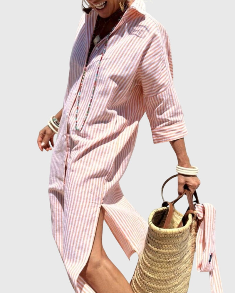 Striped Dress with Flowing Cut and Pockets