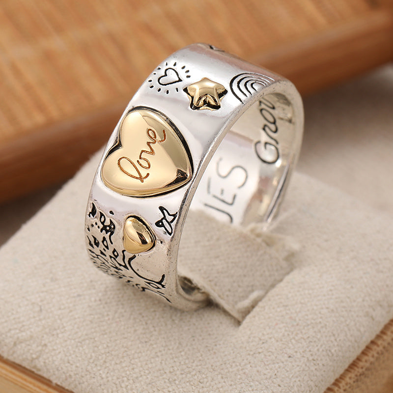 Vintage-Style Two-Tone Love Message Band Ring with Engraved Words