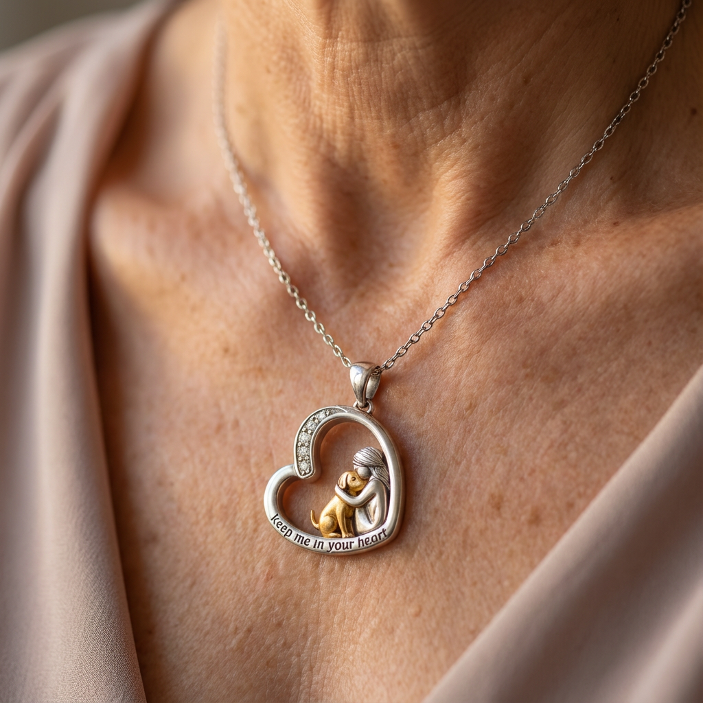 Heart Pendant Necklace with Dog and Zirconia in Silver Colour