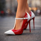 Patent Finish T-Strap Heels with Two Tone Design