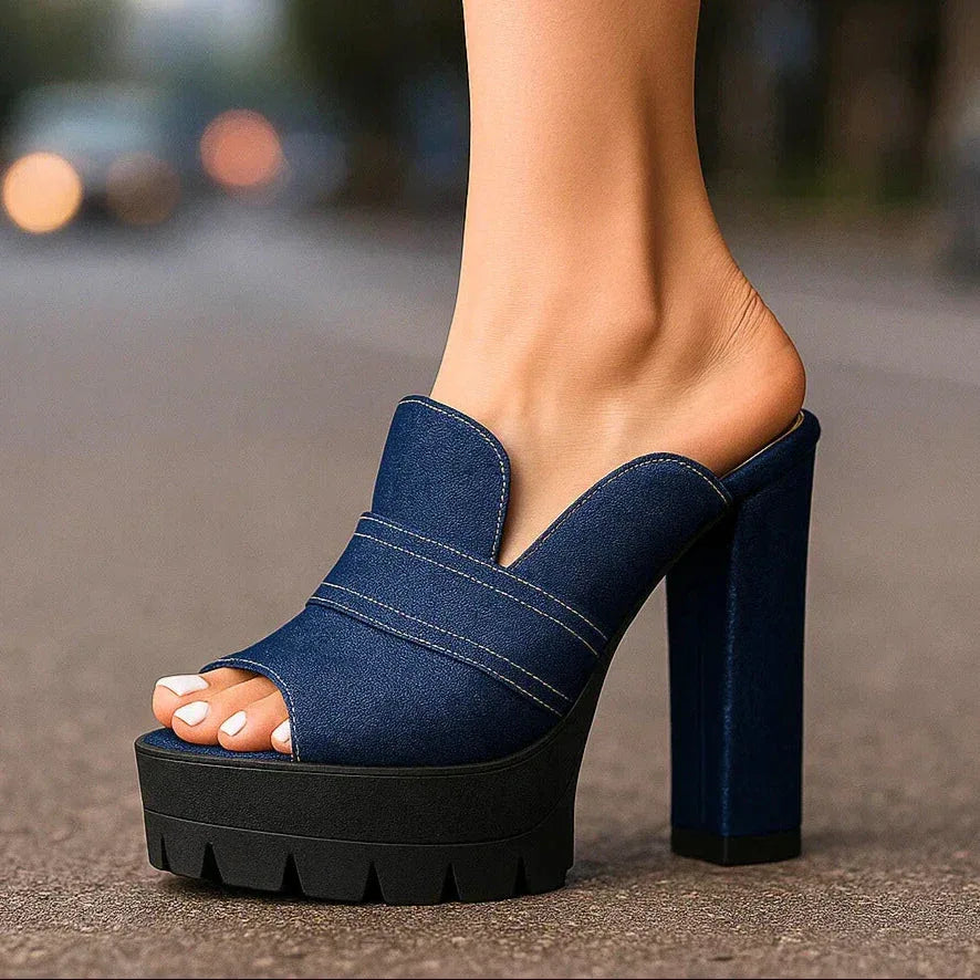 Tacones de vaquero lavado con tacón ancho robusto