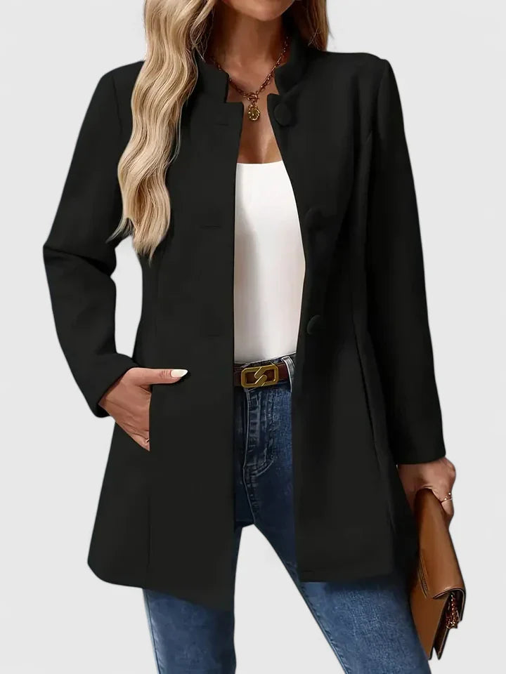 Collarless Jacket with Button Closure and Pockets