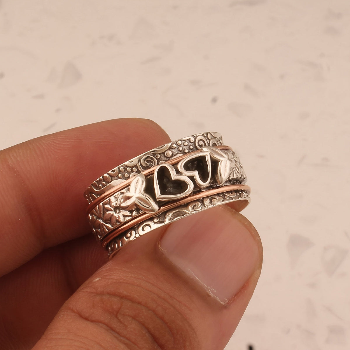 Butterfly and Heart Spinner Ring in Silver Colour with Moving Band