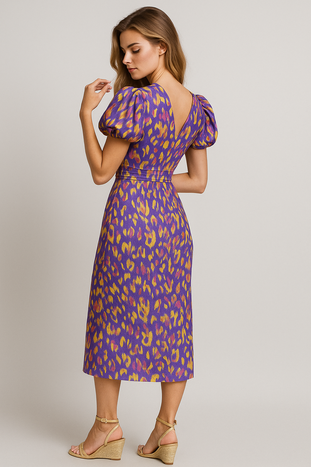 Floral Print Midi Dress with Romantic Puff Sleeves