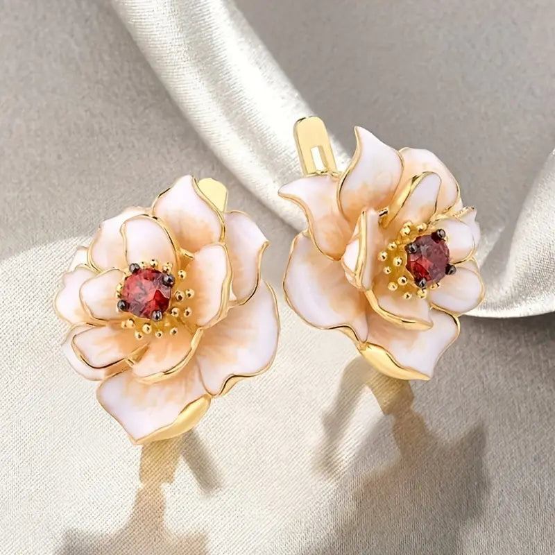 White Enamel Blossom Earrings in Gold Colour with Glossy Petals