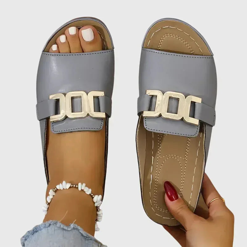Open Toe Buckle Sandals with Gold Hardware