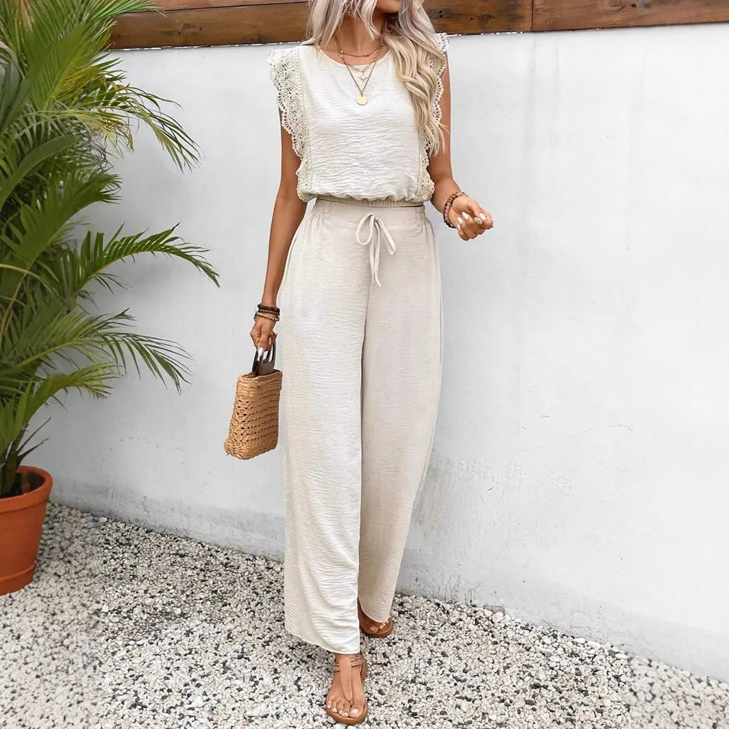 Checked Two Piece Set with Lace Trim and Wide Leg Trousers