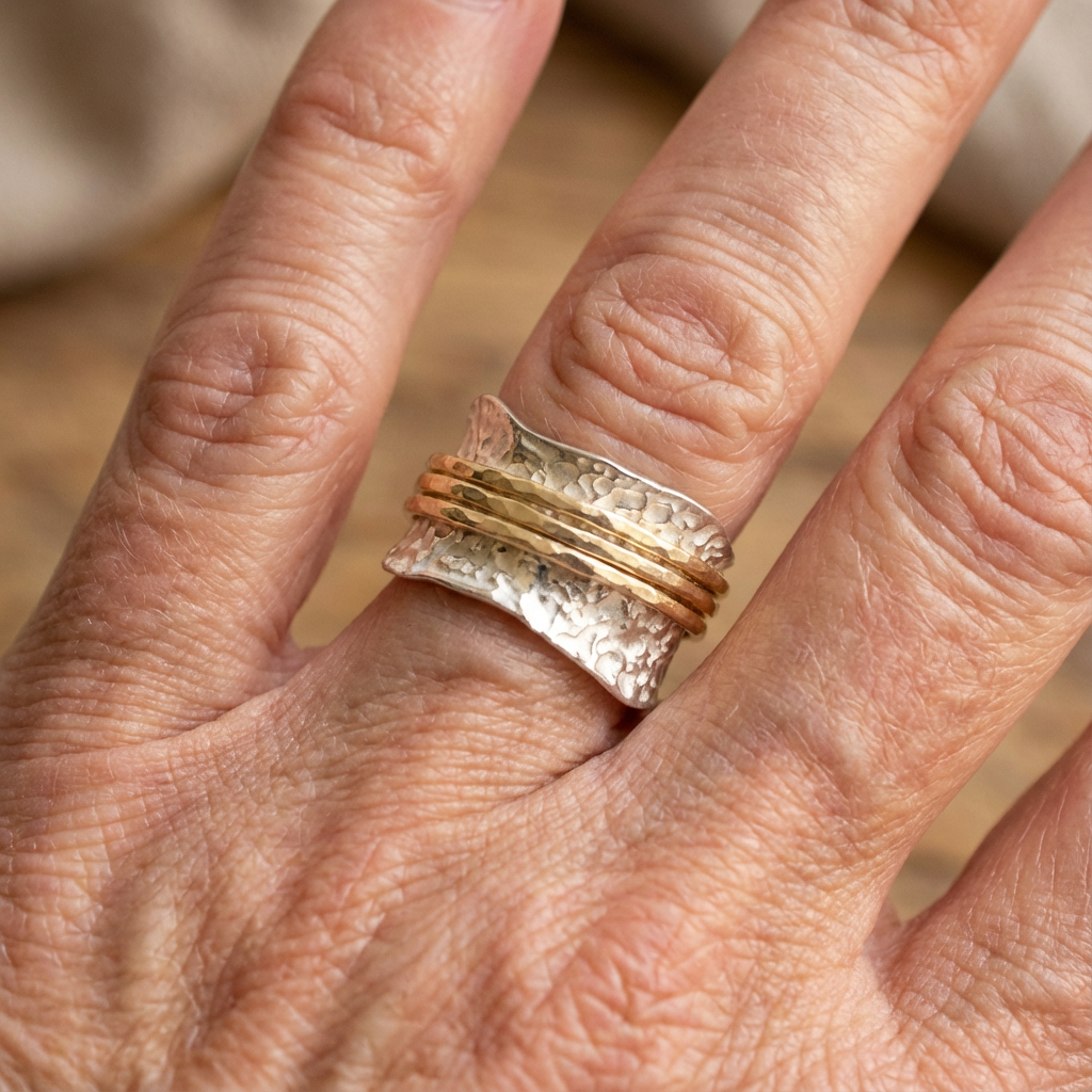 Vintage-Style Textured Two-Tone Artisan Band Ring for Stacking