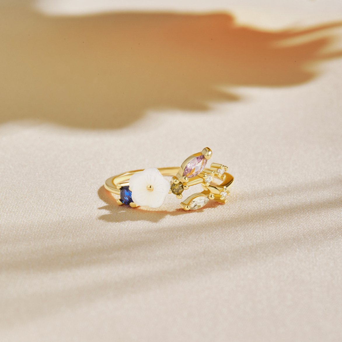 Gold-Tone Floral Ring with Sparkling Zirconia Crystals