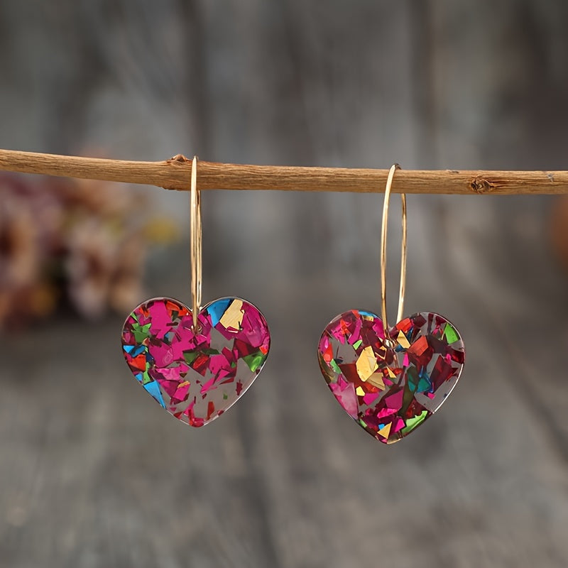 Vintage Resin Glitter Heart Pendant Earrings with Playful Sparkle