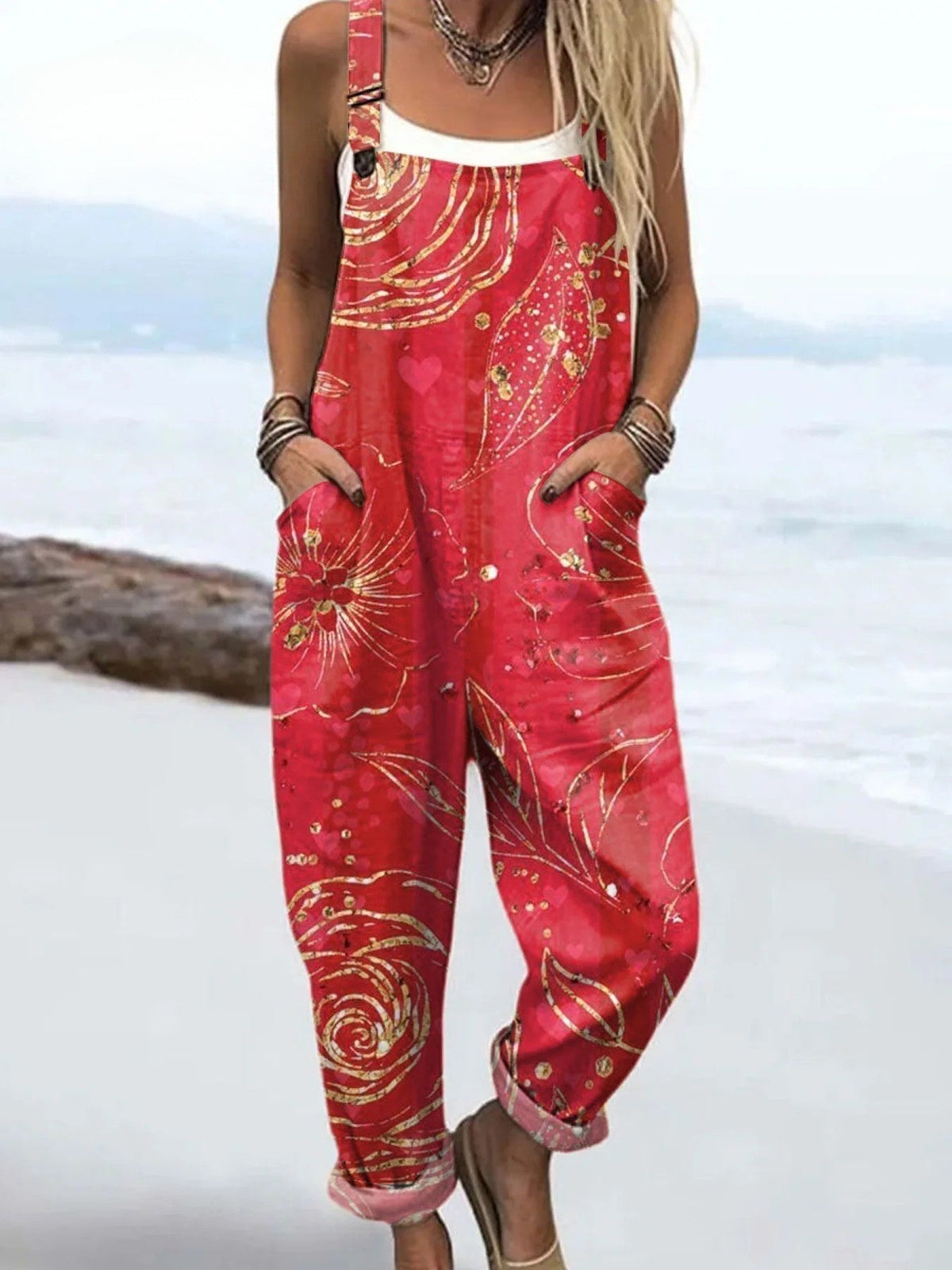 Gold Floral Print Jumpsuit with a Relaxed Silhouette