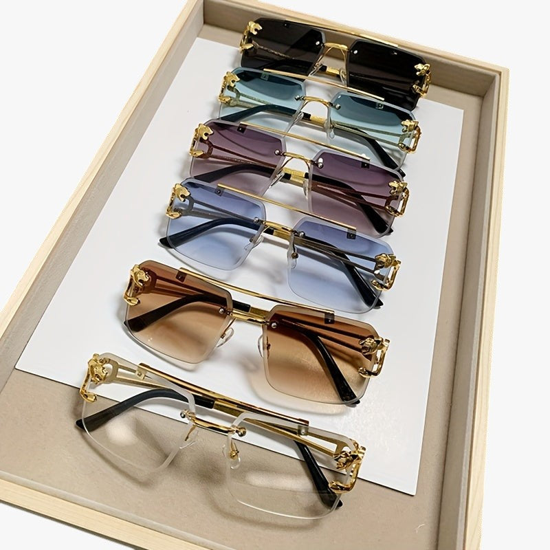 Rimless Square Sunglasses with a Gold-Tone Tiger Head Detail