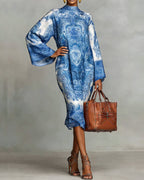 High Neck Printed Dress with Ruched Detail