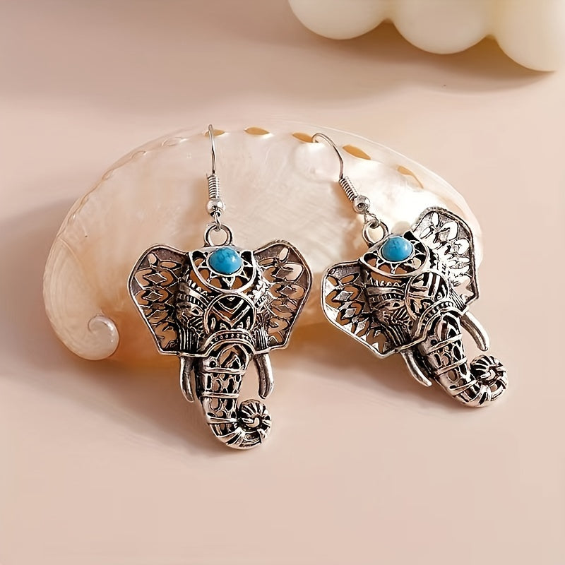 Blue-Green Stone Elephant Drop Earrings in Antique Silver Colour