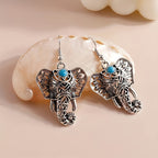 Blue-Green Stone Elephant Drop Earrings in Antique Silver Colour