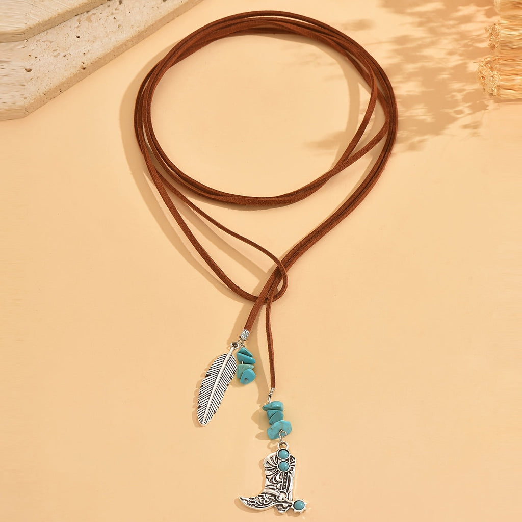Vintage Bohemian Blue-Green Feather Pendant Layered Necklace