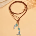Vintage Bohemian Blue-Green Feather Pendant Layered Necklace