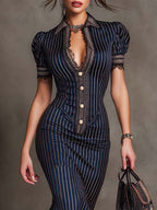 Vestido midi de raya diplomática con detalles vintage de encaje