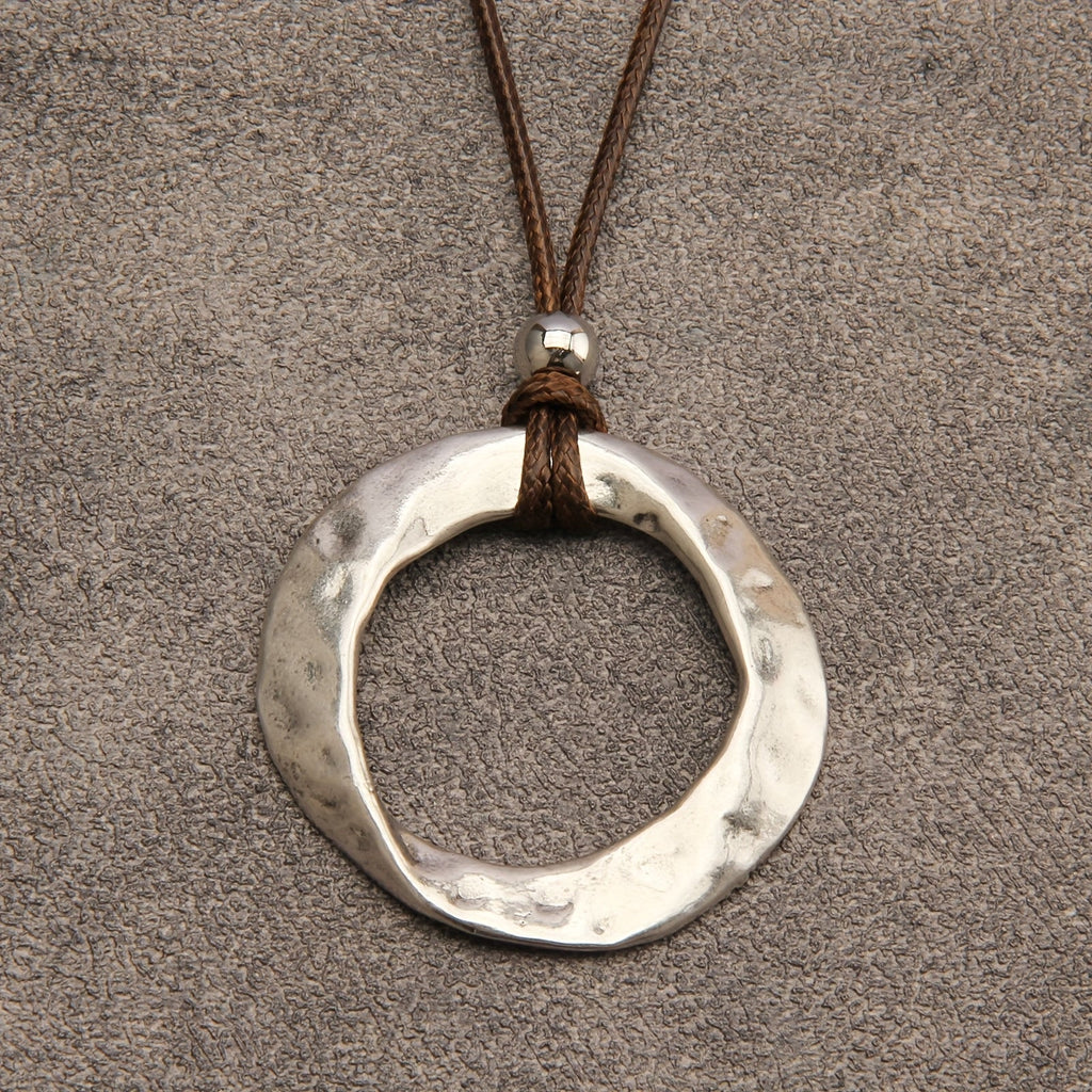 Hammered Open Circle Pendant Necklace on Leather Cord