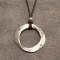 Hammered Open Circle Pendant Necklace on Leather Cord