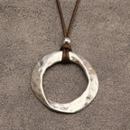 Hammered Open Circle Pendant Necklace on Leather Cord