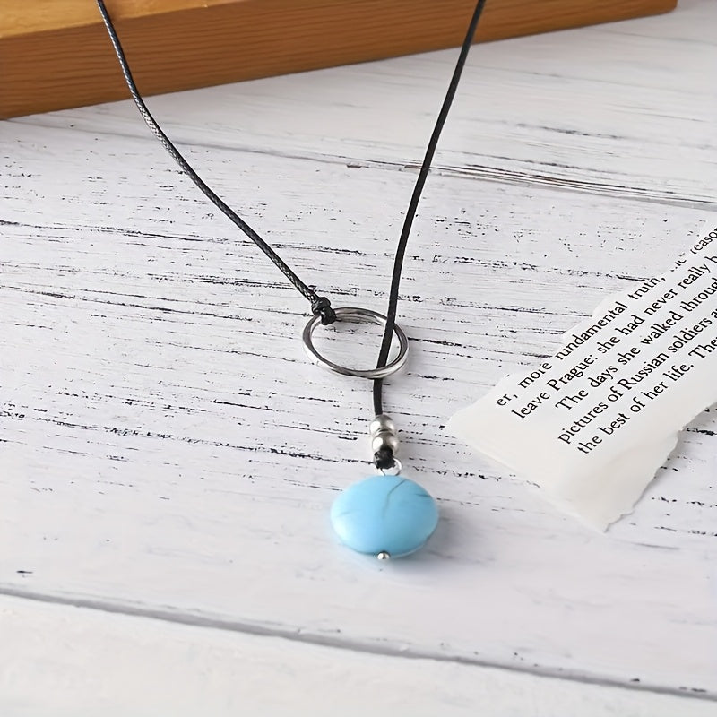 Vintage Boho Blue-Green Stone Pendant with Multicolour Detail