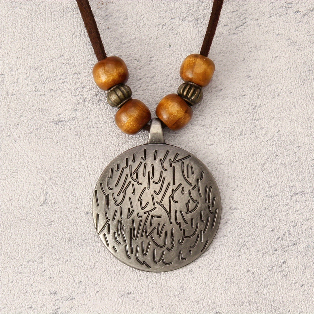 Vintage Zodiac Wooden Bead Pendant Necklace with Natural Texture