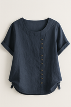 Linen Blouse with Round Neck and Rolled-Up Sleeves
