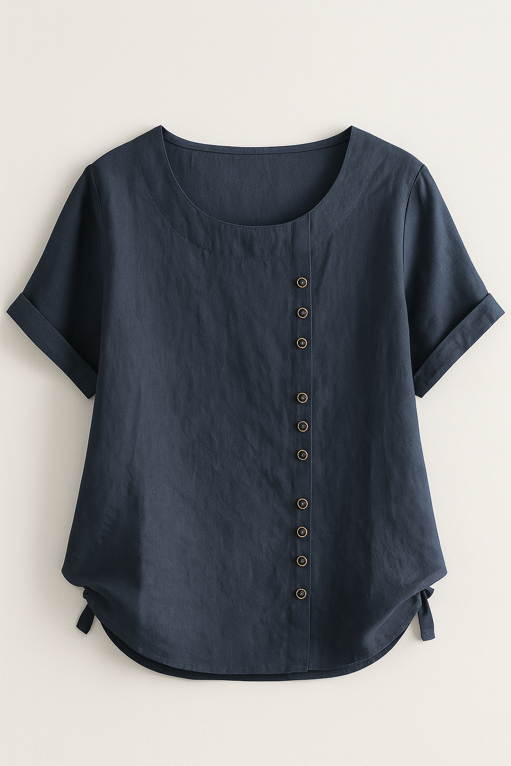 Linen Blouse with Round Neck and Rolled-Up Sleeves