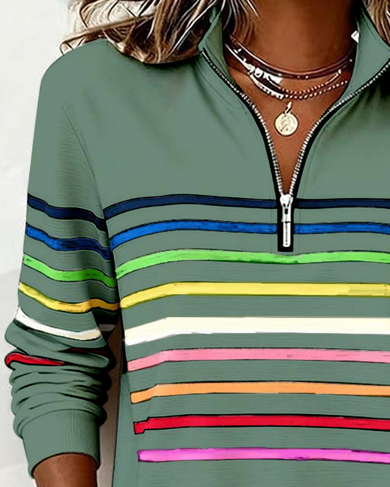 Half Zip Sweatshirt with Stand Collar and Stripe Detail