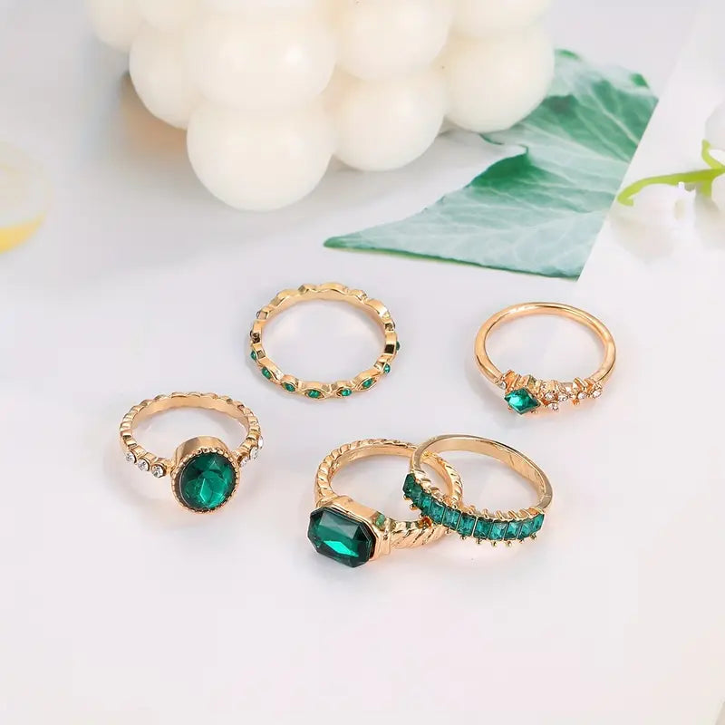 Green Stone Stacking Ring Set with Crystal Accents