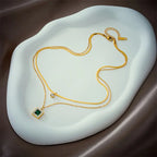 Double-Layer Necklace with Green Square Pendant and Fine Chains