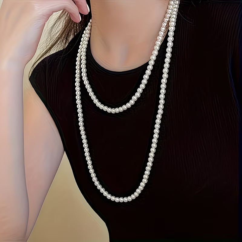 Long Double-Strand Faux Pearl Necklace with Elegant Drape