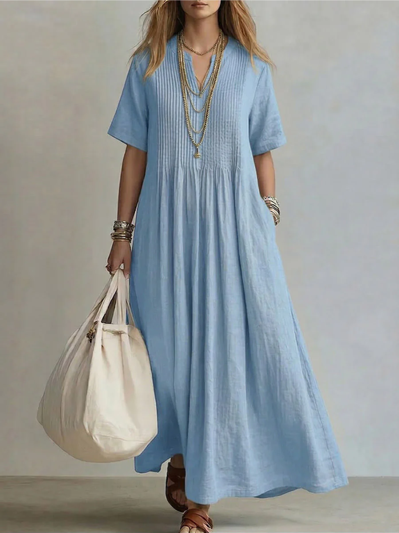 Pleated Cotton Dress with a Flowing Silhouette