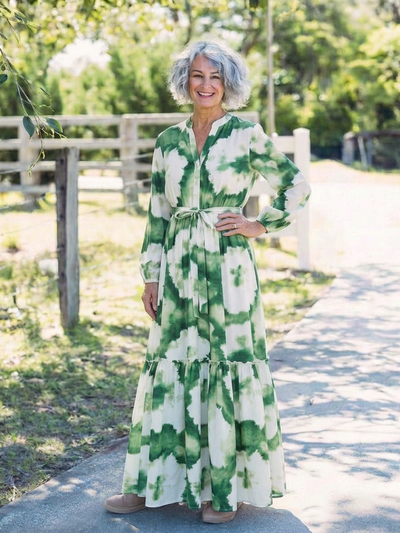 Long Sleeve Tiered Maxi Dress with Tie Waist