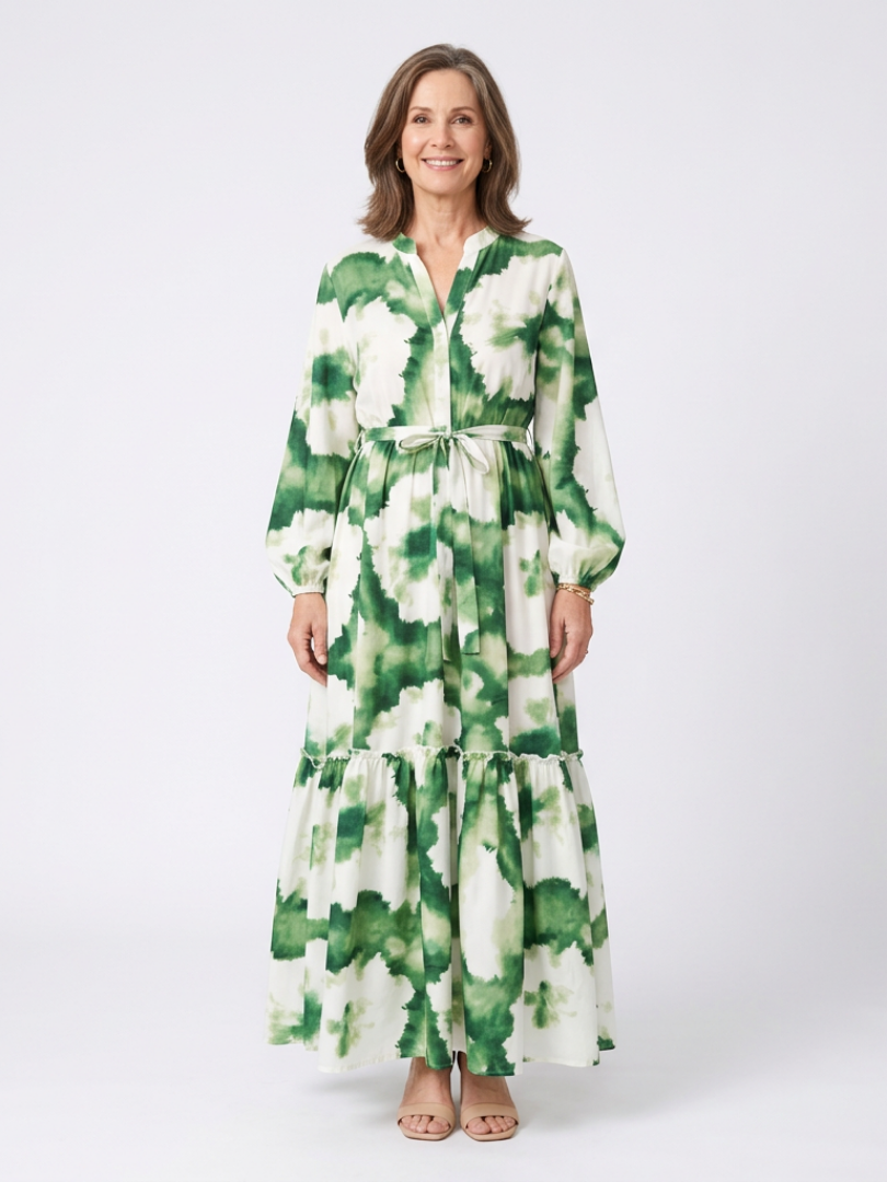 Long Sleeve Tiered Maxi Dress with Tie Waist
