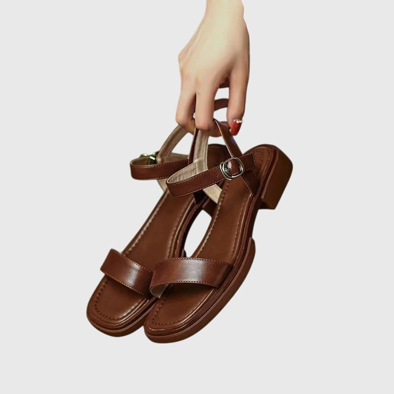 Leather Look Sandals with Block Heel and Cushioned Footbed