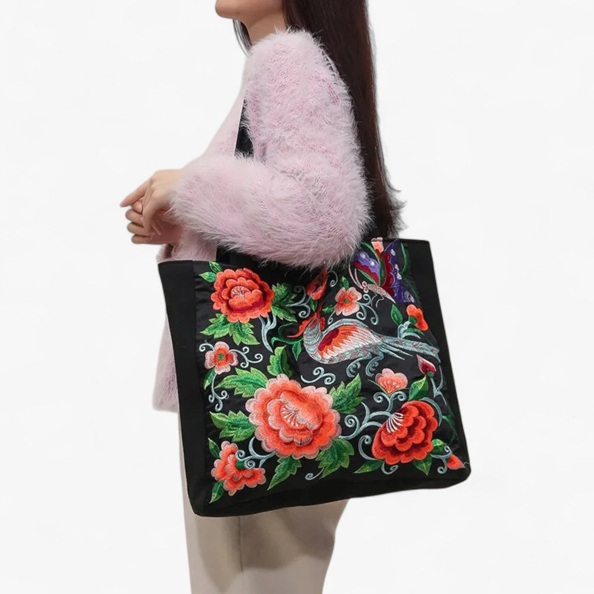 Floral Embroidered Shoulder Bag with Zip Closure