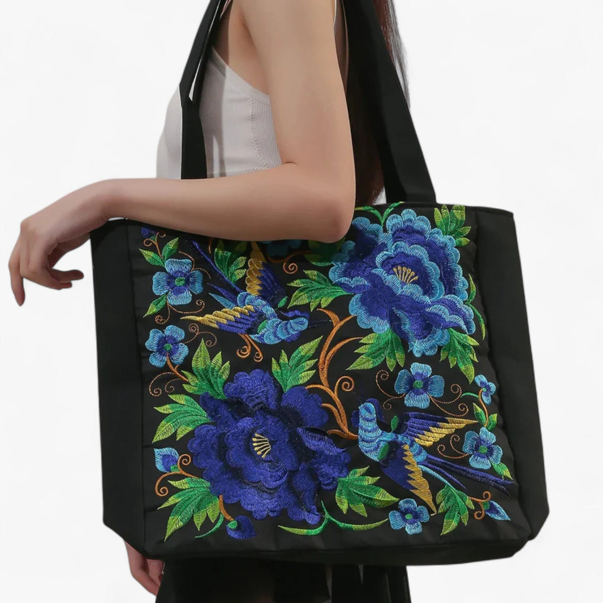 Floral Embroidered Shoulder Bag with Zip Closure