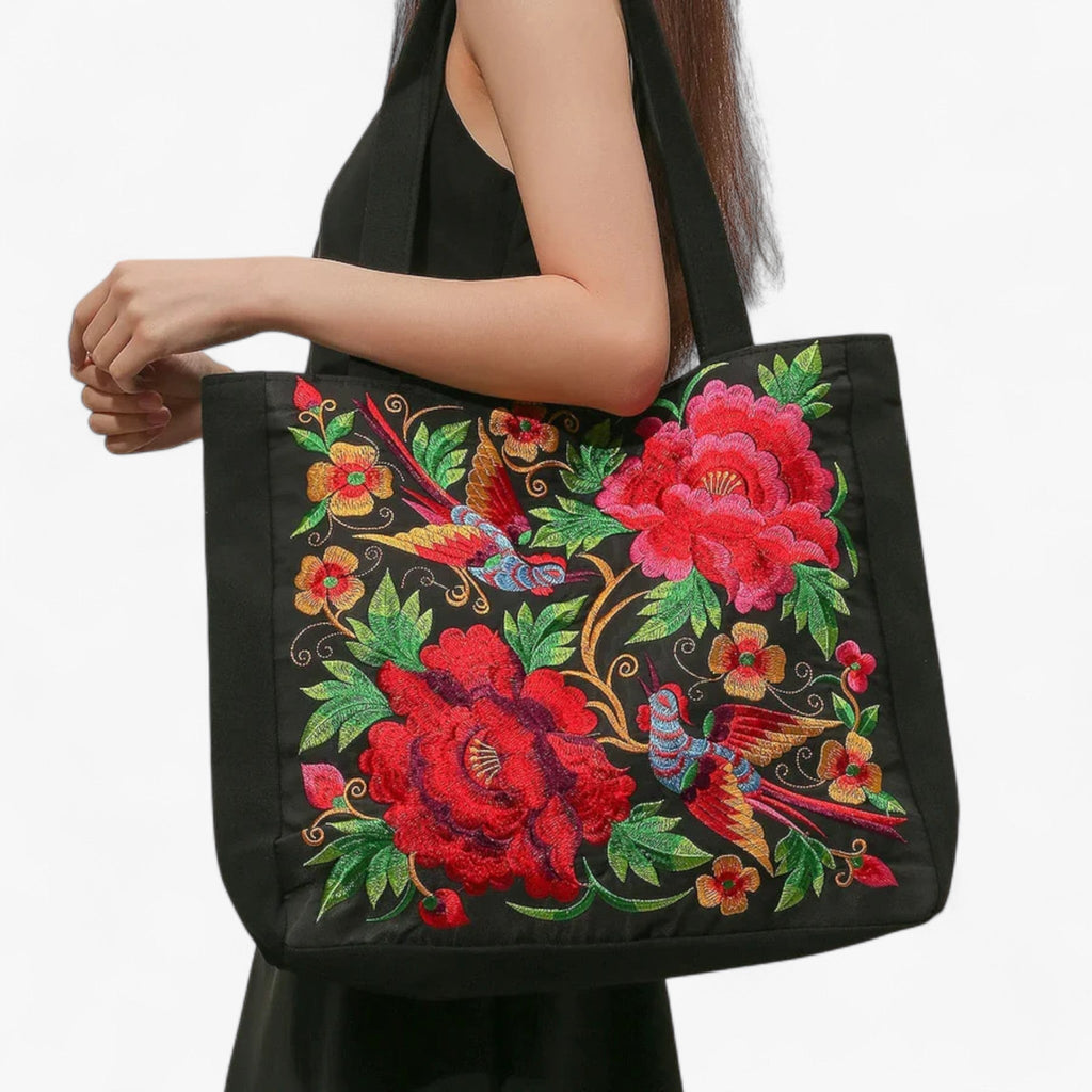 Floral Embroidered Shoulder Bag with Zip Closure