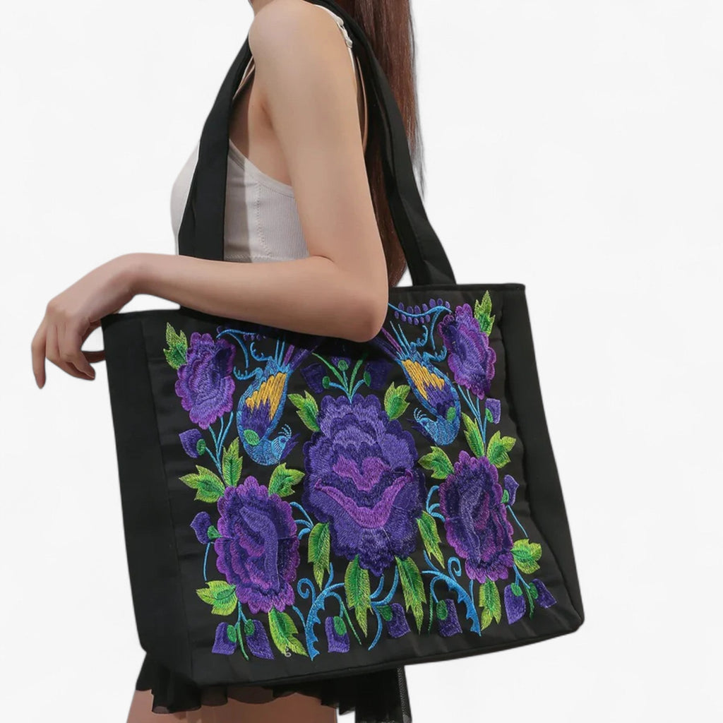 Floral Embroidered Shoulder Bag with Zip Closure