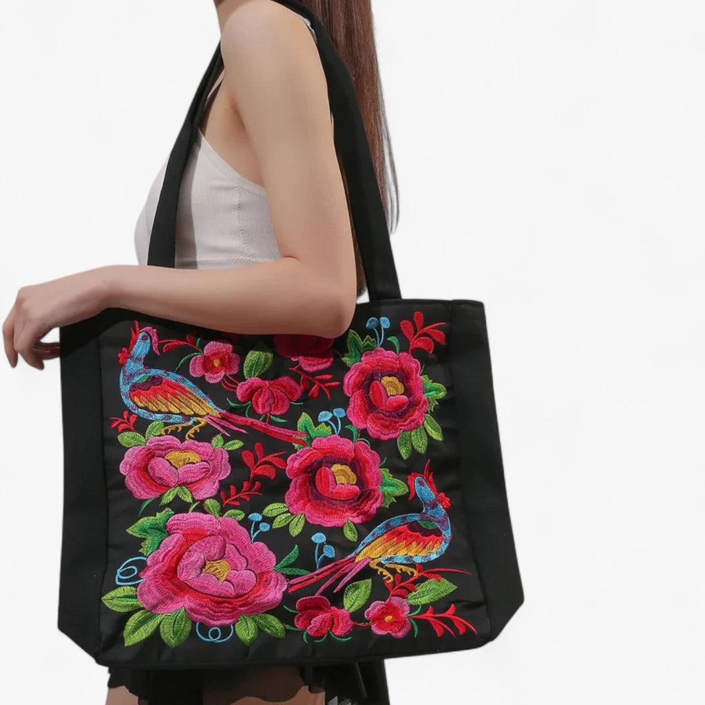 Floral Embroidered Shoulder Bag with Zip Closure
