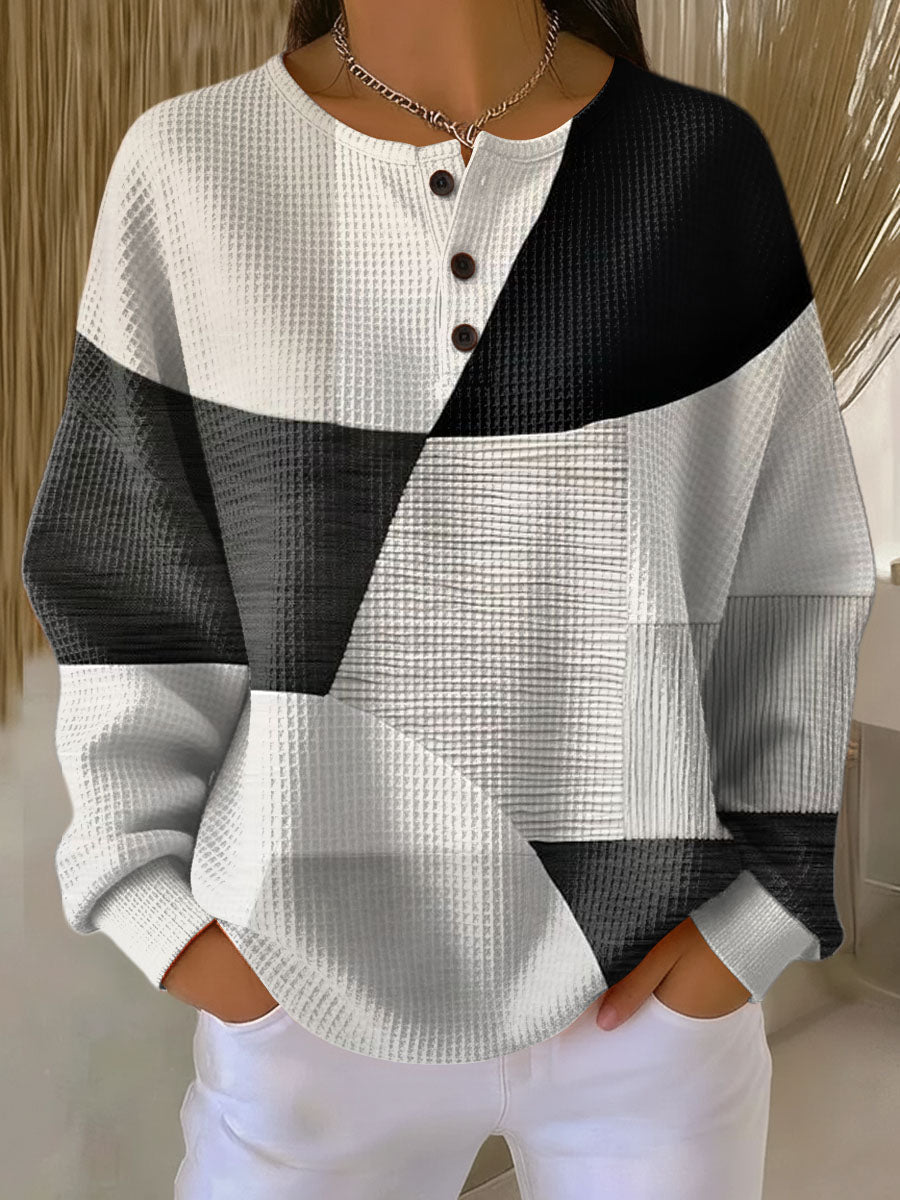 Waffle Knit Henley Pullover with Button Neckline