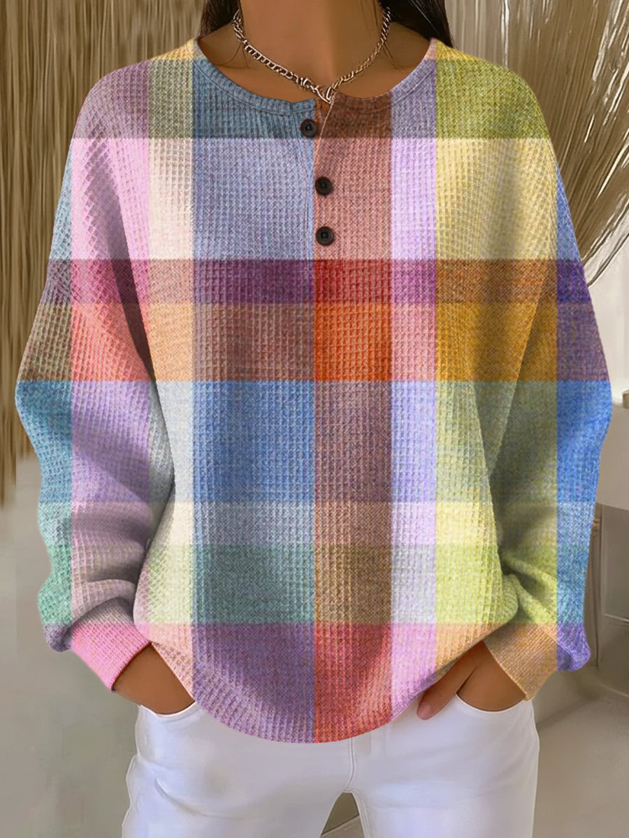 Waffle Knit Henley Pullover with Button Neckline