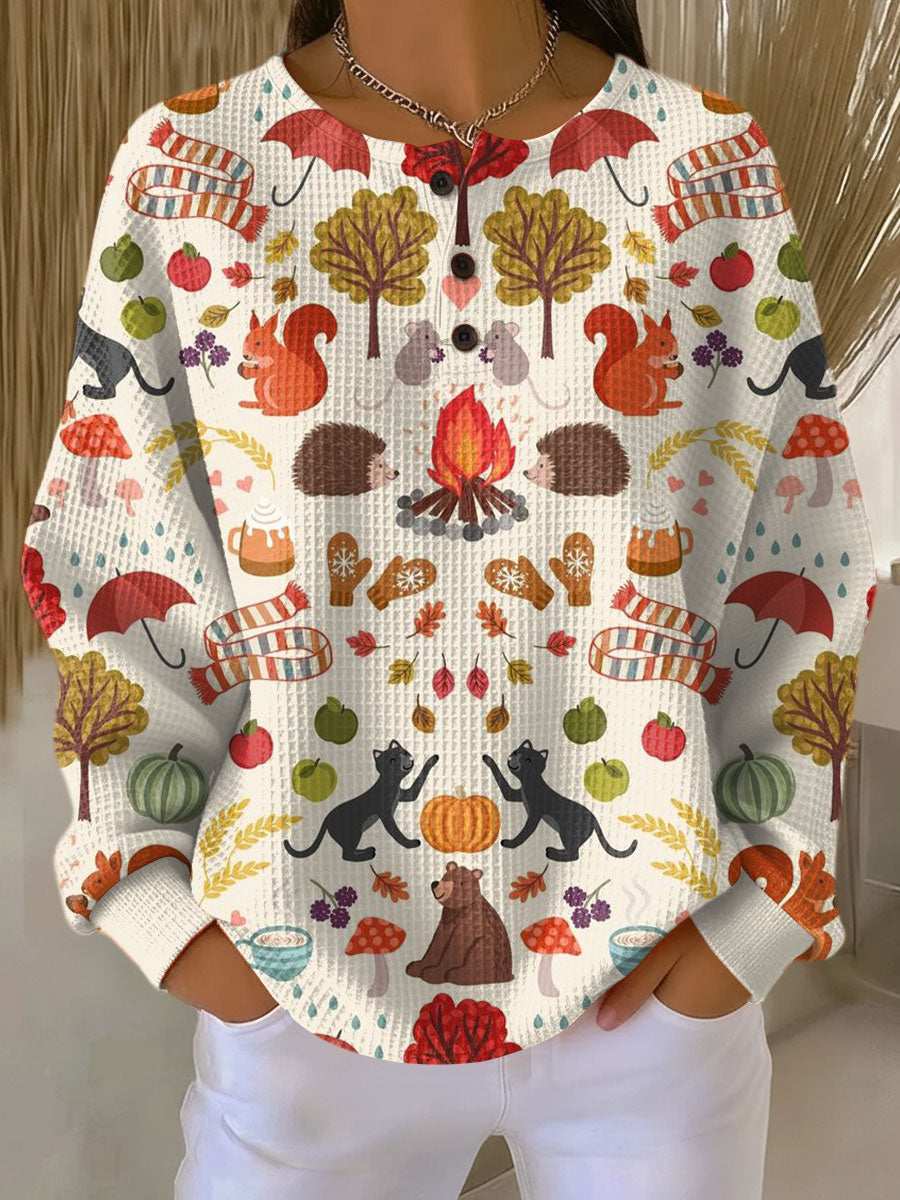 Waffle Knit Henley Pullover with Button Neckline