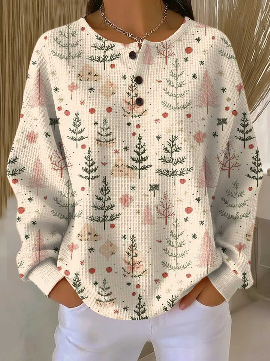 Waffle Knit Henley Pullover with Button Neckline