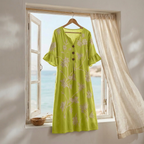 Vestido midi floral bordado con mangas de volante