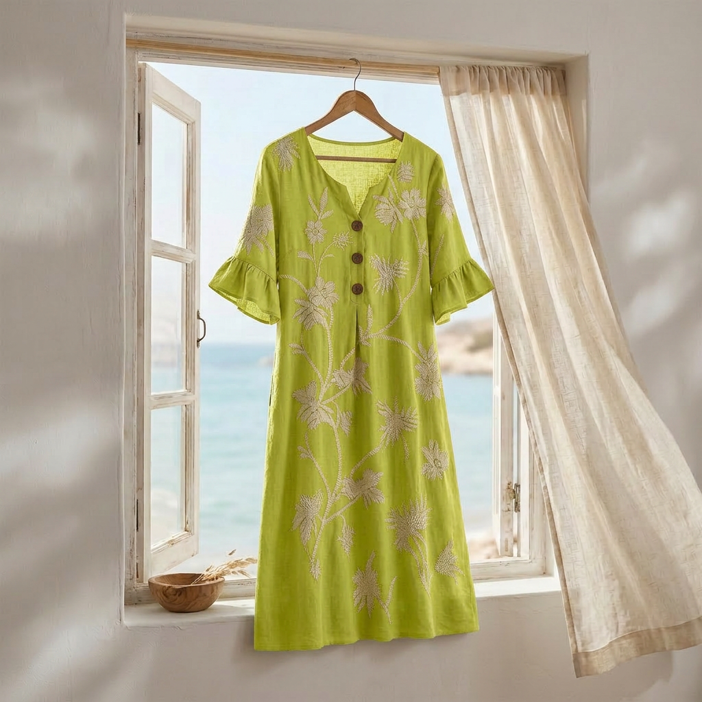 Vestido midi floral bordado con mangas de volante