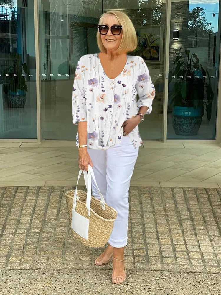Printed Button Tunic with V Neck and Relaxed Cut