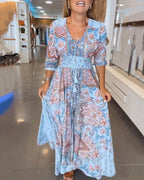 V-Neck A-Line Maxi Dress with Adjustable Tie Waist